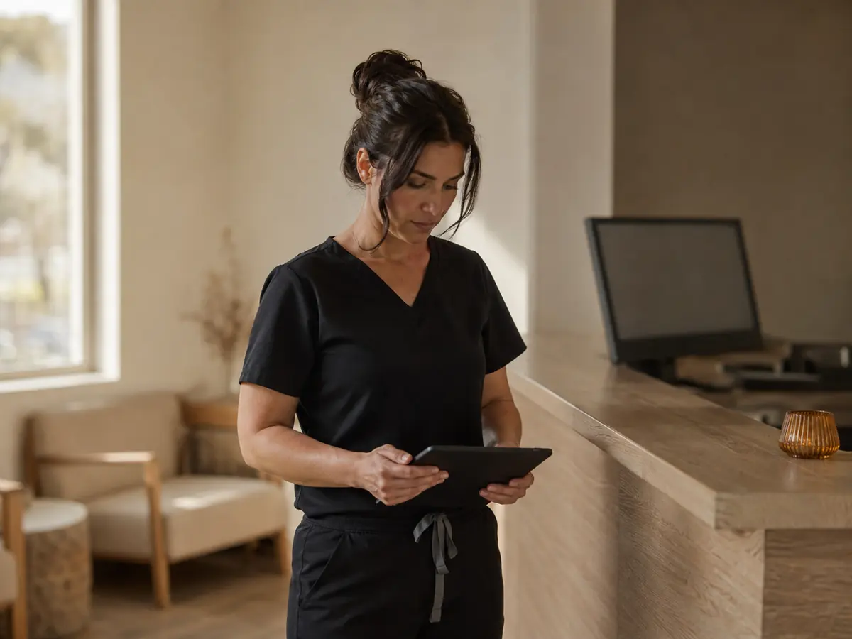 Clinician reviewing notes on a tablet at a small modern practice
