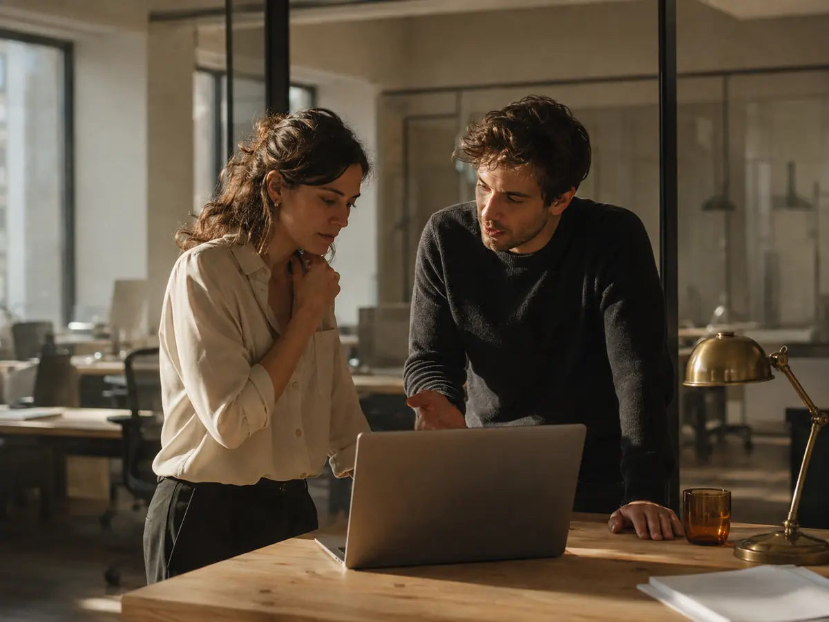 Two colleagues talking over a laptop in a modern corporate office