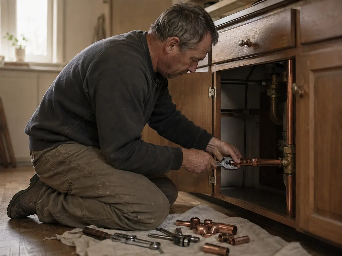 Plumber fitting copper pipework beside an open kitchen cabinet